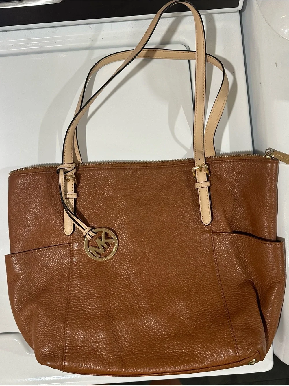 Michael Kors Cognac Leather Tote with Cream Straps